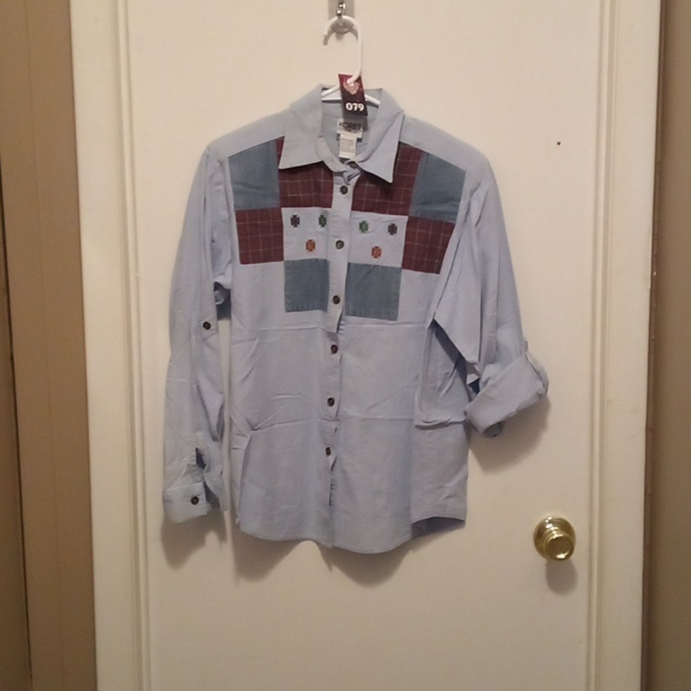 Koret City Blue Mid To Long Sleeve Patchwork Blouse - Medium